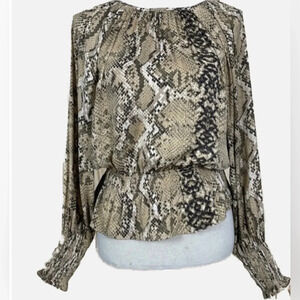 H&M Blouse‎ Womens 4 Brown Snakeskin Print Smocked Waist Long Sleeve Peplum Top